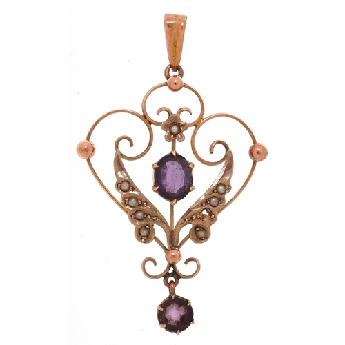 3048 - Edwardian 9ct gold purple stone and seed pearl openwork pendant, 4.1cm high, 1.7g.