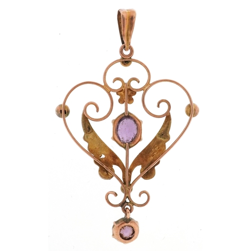 3048 - Edwardian 9ct gold purple stone and seed pearl openwork pendant, 4.1cm high, 1.7g.
