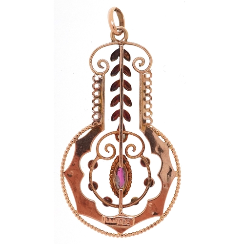 3012 - Edwardian 9ct gold ruby and seed pearl openwork pendant, 4.3cm high, 2.2g.