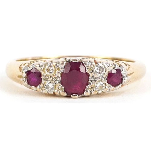 3047 - Victorian style 9ct gold ruby and diamond ring, size Q, 3.4g.