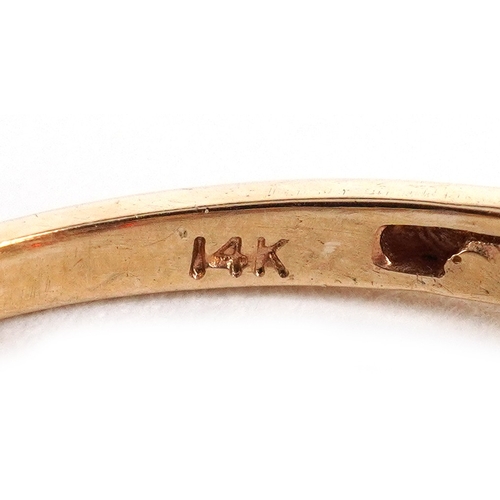 3015 - 14ct gold diamond and red stone ring, possibly fire opal, size R, 2.9g.