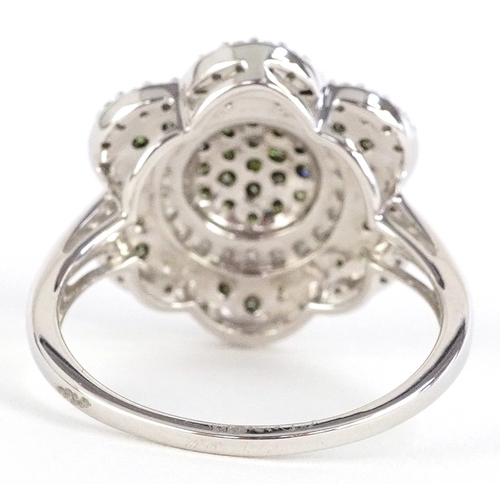 3011 - 9ct white gold green and white diamond flower head ring, size R, 5.2g.