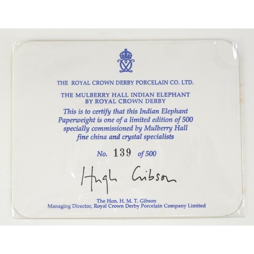 1011 - Royal Crown Derby Mulberry Hall Indian Elephant, editioned 139/500, gold coloured stopper to the bas... 