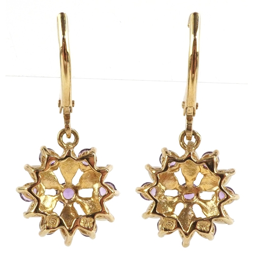 3031 - Pair of 9K gold opal and amethyst cluster drop earrings, 2.7cm high, total 2.1g.