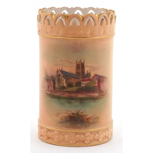 3 - Victorian Royal Worcester porcelain spill vase hand painted with Worcester Cathedral, 9cm high.