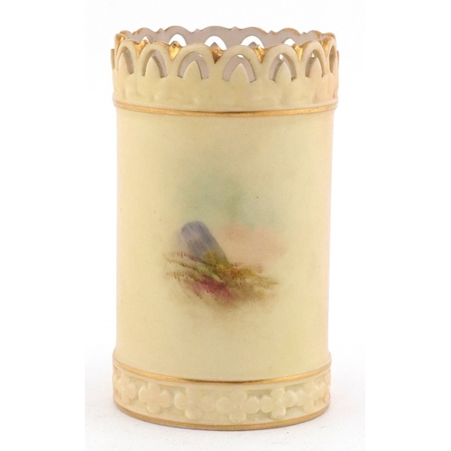 3 - Victorian Royal Worcester porcelain spill vase hand painted with Worcester Cathedral, 9cm high.