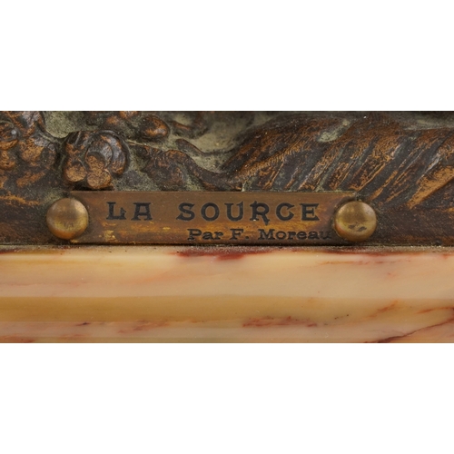 75 - After Moreau, early 20th century patinated spelter mantle clock cast with a recumbent female and emb... 