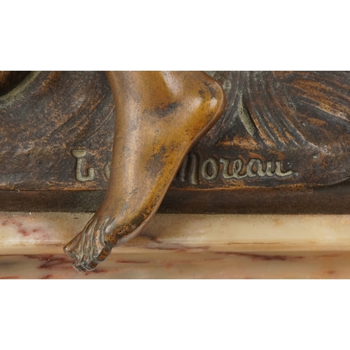 75 - After Moreau, early 20th century patinated spelter mantle clock cast with a recumbent female and emb... 