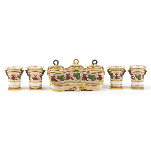 218 - Barr, Flight & Barr 19th century inkstand hand painted with berries and leaves having matching Copel... 