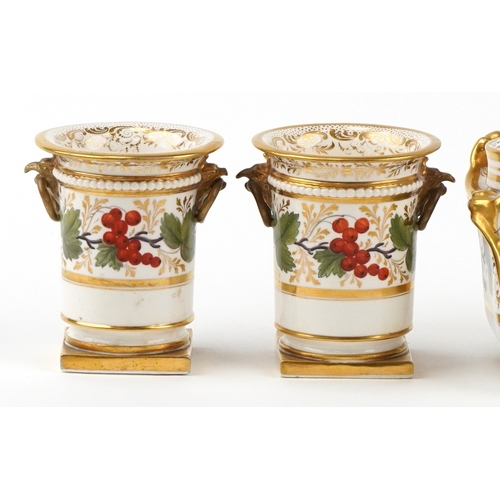 218 - Barr, Flight & Barr 19th century inkstand hand painted with berries and leaves having matching Copel... 
