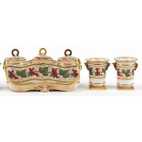 218 - Barr, Flight & Barr 19th century inkstand hand painted with berries and leaves having matching Copel... 