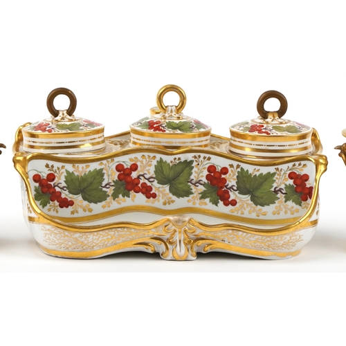 218 - Barr, Flight & Barr 19th century inkstand hand painted with berries and leaves having matching Copel... 