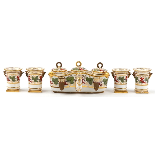 218 - Barr, Flight & Barr 19th century inkstand hand painted with berries and leaves having matching Copel... 
