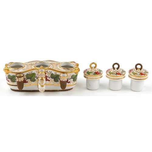 218 - Barr, Flight & Barr 19th century inkstand hand painted with berries and leaves having matching Copel... 