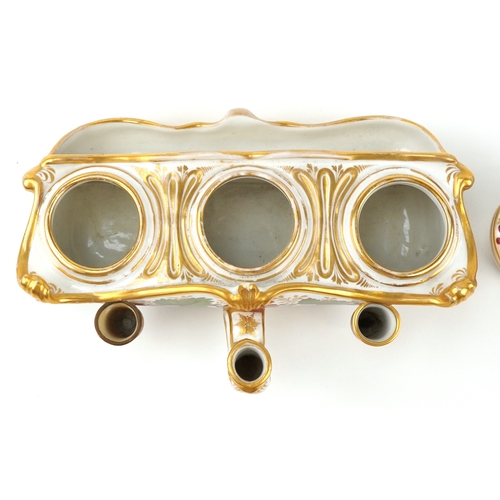 218 - Barr, Flight & Barr 19th century inkstand hand painted with berries and leaves having matching Copel... 