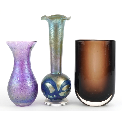 320 - Three art glass vases comprising a heavy smoky brown example, a Heron iridescent glass vase and an I... 