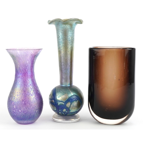 320 - Three art glass vases comprising a heavy smoky brown example, a Heron iridescent glass vase and an I... 
