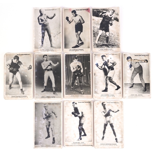 1354 - Boxing News Heavyweight Champion photo trade cards including Jack Johnson, James J Corbett, Tommy Bu... 