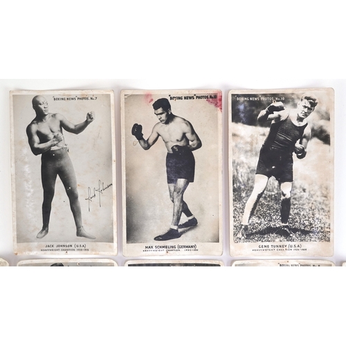 1354 - Boxing News Heavyweight Champion photo trade cards including Jack Johnson, James J Corbett, Tommy Bu... 