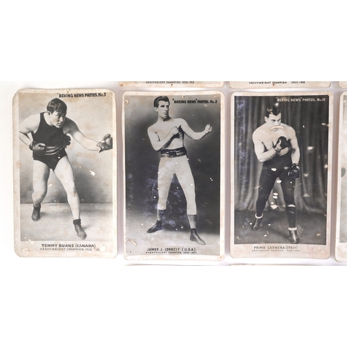 1354 - Boxing News Heavyweight Champion photo trade cards including Jack Johnson, James J Corbett, Tommy Bu... 
