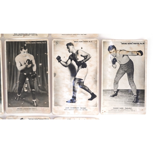1354 - Boxing News Heavyweight Champion photo trade cards including Jack Johnson, James J Corbett, Tommy Bu... 