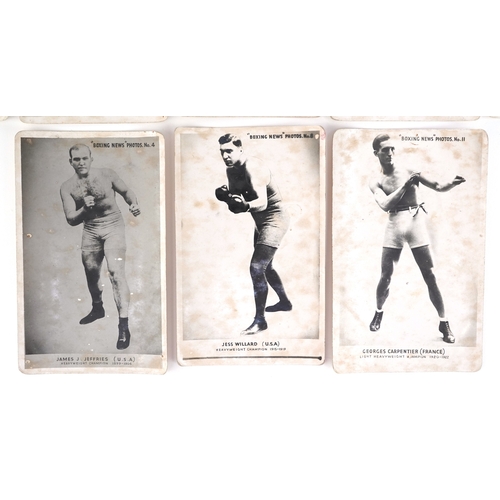 1354 - Boxing News Heavyweight Champion photo trade cards including Jack Johnson, James J Corbett, Tommy Bu... 