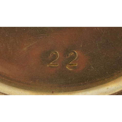 34 - Modernist three piece brass tea set with horn handles, the largest 25cm wide.