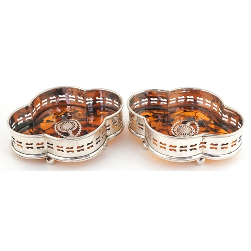 2356 - Pair of silver plated and faux tortoiseshell wine coasters raised on paw feet, 5cm H x 15cm W x 11.5... 