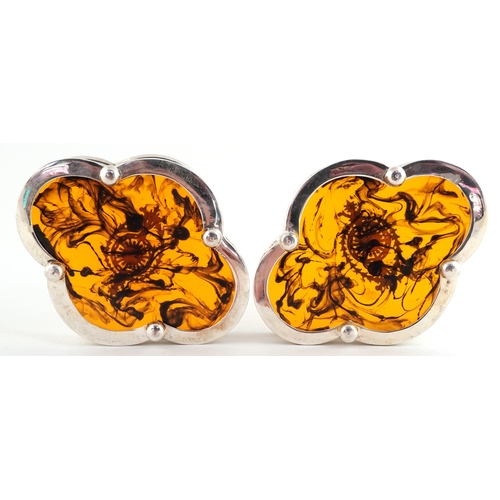 2356 - Pair of silver plated and faux tortoiseshell wine coasters raised on paw feet, 5cm H x 15cm W x 11.5... 