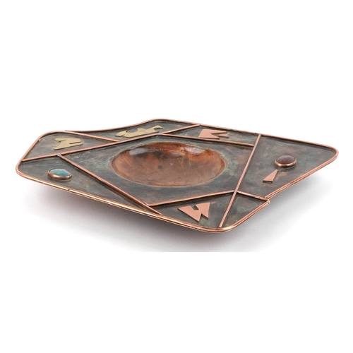 28 - Sam Fanaroff, Arts & Crafts style abstract copper and brass centrepiece bowl set with Ruskin type ca... 