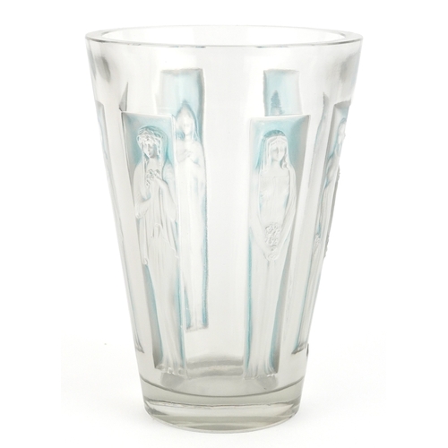 24 - René Lalique, clear and blue frosted glass 'Gobelet Six Figurines' vase, etched R Lalique France to ... 
