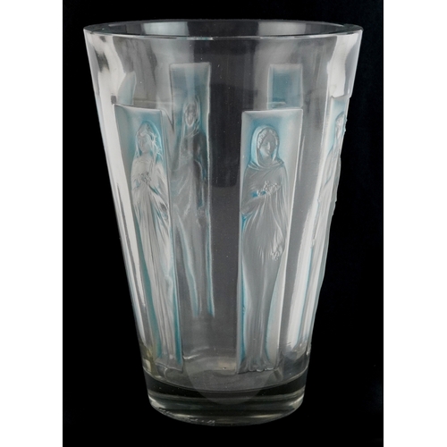 24 - René Lalique, clear and blue frosted glass 'Gobelet Six Figurines' vase, etched R Lalique France to ... 