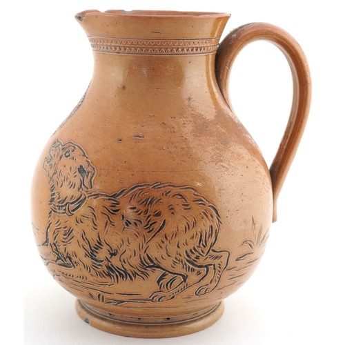 18 - Hannah Barlow for Doulton Lambeth, stoneware jug incised with a goat protecting its kid from a dog, ... 