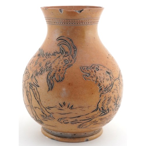18 - Hannah Barlow for Doulton Lambeth, stoneware jug incised with a goat protecting its kid from a dog, ... 