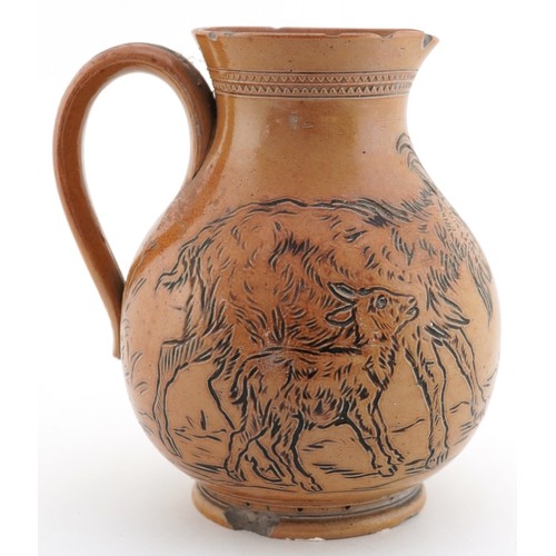 18 - Hannah Barlow for Doulton Lambeth, stoneware jug incised with a goat protecting its kid from a dog, ... 