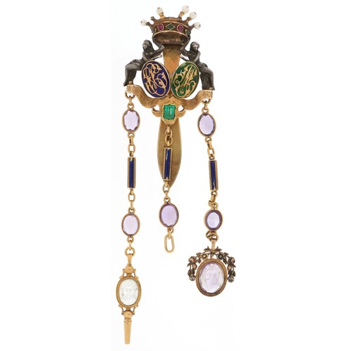 Antique continental silver gilt and enamel chatelaine set with emeralds, rubies and cabochon amethyst stones, having an unmarked gold cameo amethyst spinner fob and cameo glass watch key, 15cm in length, total weight 42.8g.