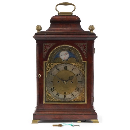  18th century English mahogany bell top bracket clock with brass carrying handle, pine cone finials a... 