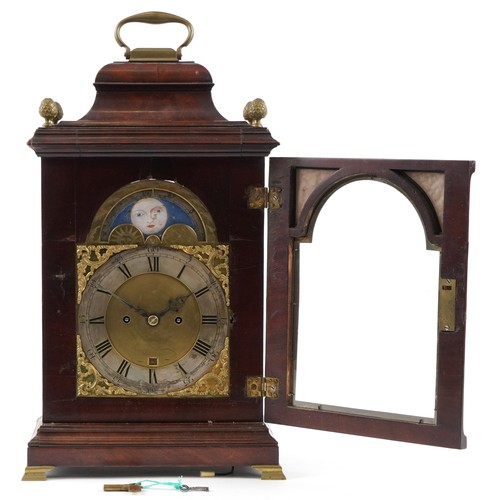  18th century English mahogany bell top bracket clock with brass carrying handle, pine cone finials a... 