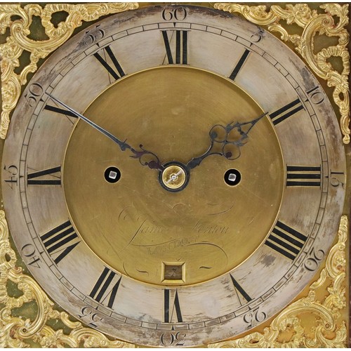  18th century English mahogany bell top bracket clock with brass carrying handle, pine cone finials a... 