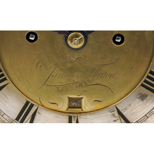  18th century English mahogany bell top bracket clock with brass carrying handle, pine cone finials a... 