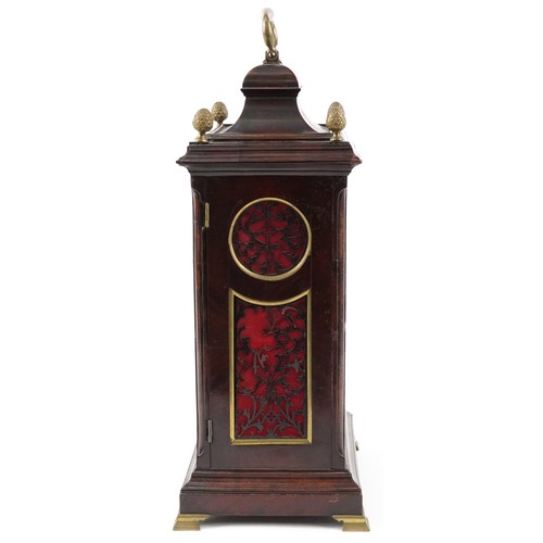  18th century English mahogany bell top bracket clock with brass carrying handle, pine cone finials a... 