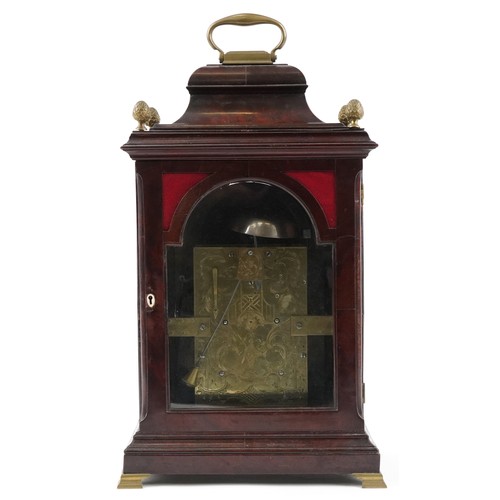  18th century English mahogany bell top bracket clock with brass carrying handle, pine cone finials a... 