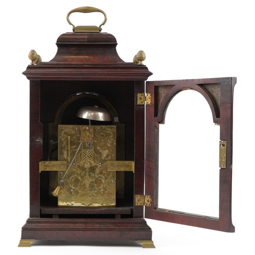  18th century English mahogany bell top bracket clock with brass carrying handle, pine cone finials a... 