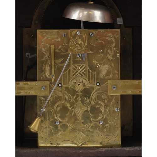  18th century English mahogany bell top bracket clock with brass carrying handle, pine cone finials a... 