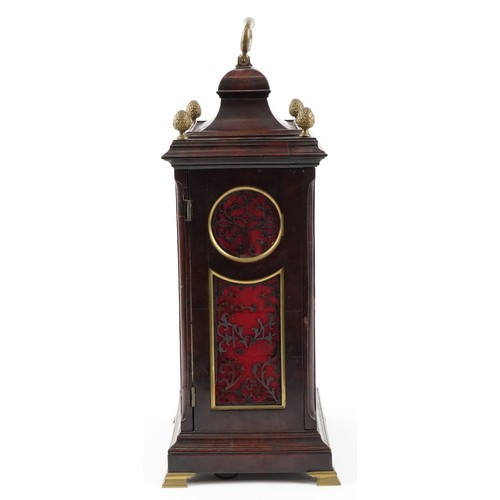  18th century English mahogany bell top bracket clock with brass carrying handle, pine cone finials a... 