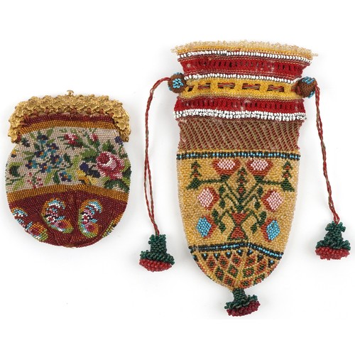  zzz a21983 Two antique micro beaded purses including a chatelaine example with gilt metal mounts pro... 