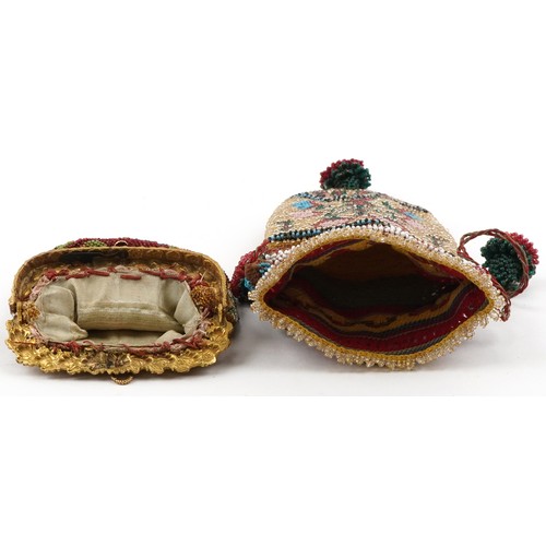  zzz a21983 Two antique micro beaded purses including a chatelaine example with gilt metal mounts pro... 