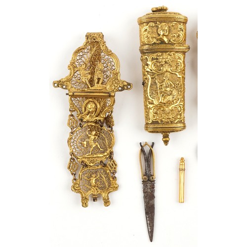  zzz a21983 Two antique continental gilt metal chatelaines including a filigree example together with... 