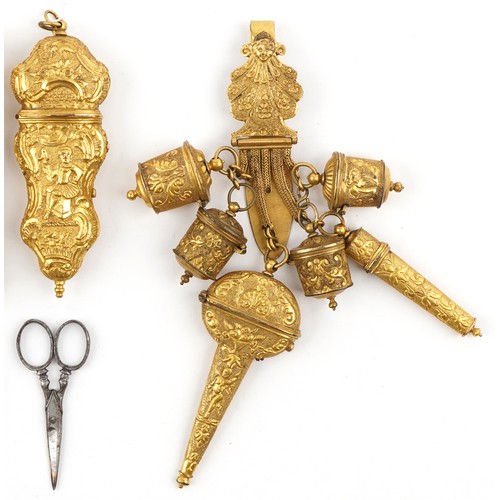  zzz a21983 Two antique continental gilt metal chatelaines including a filigree example together with... 