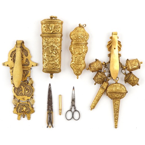  zzz a21983 Two antique continental gilt metal chatelaines including a filigree example together with... 